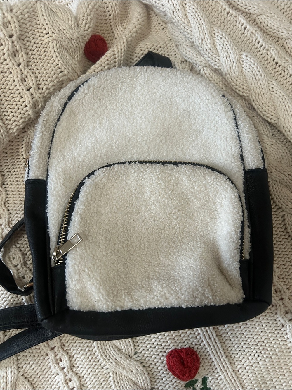 White Sherpa Backpack with Black Trim - Women's Casual Backpack